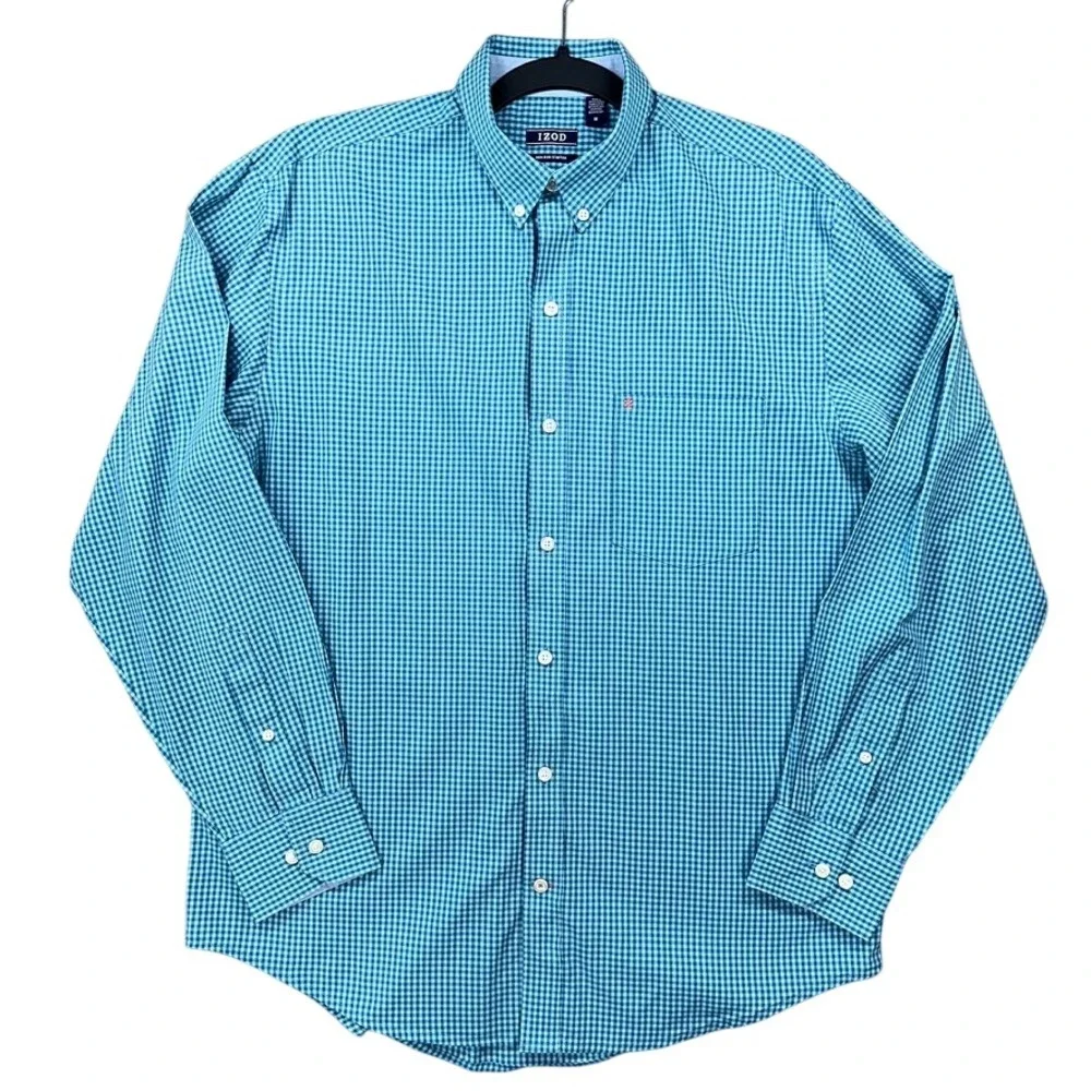 IZOD Button Down Shirt Mens M Blue Teal Gingham Non-Iron Stretch Long Sleeve